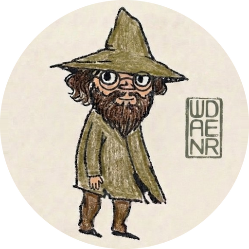 A small drawn figure in a pointed hat and round glasses, with a seal reading wander